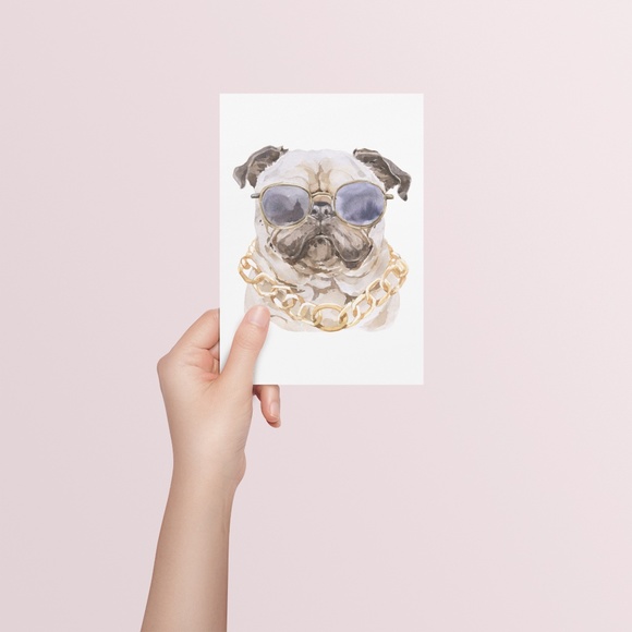 Watercolor Pug Pet Dog With Sunglasses Wall Art Illustration Print Poster Card U - Picture 4 of 7